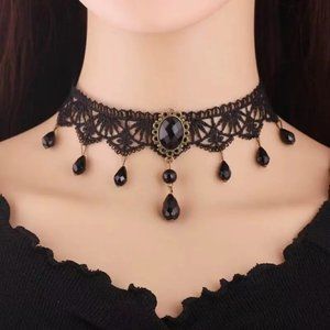Choker Necklace Sexy Black Lace & Beads Collar Punk Goth Stone Victorian Rave